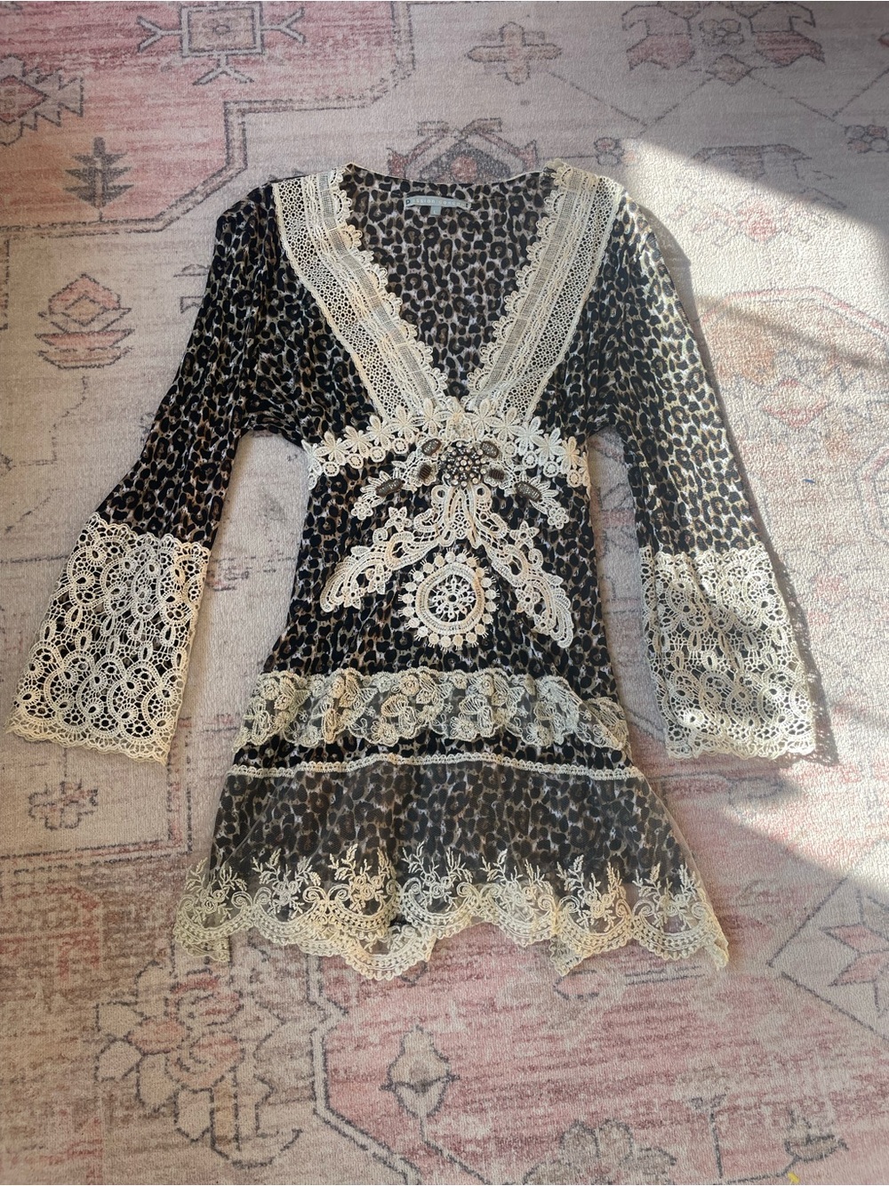 Passion Concept Y2k Lace Leopard Print Mesh Tunic Blouse Womens L